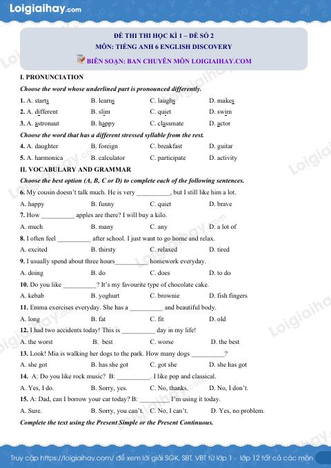 Đề thi học kì 1 Tiếng Anh 6 English Discovery - Đề số 2